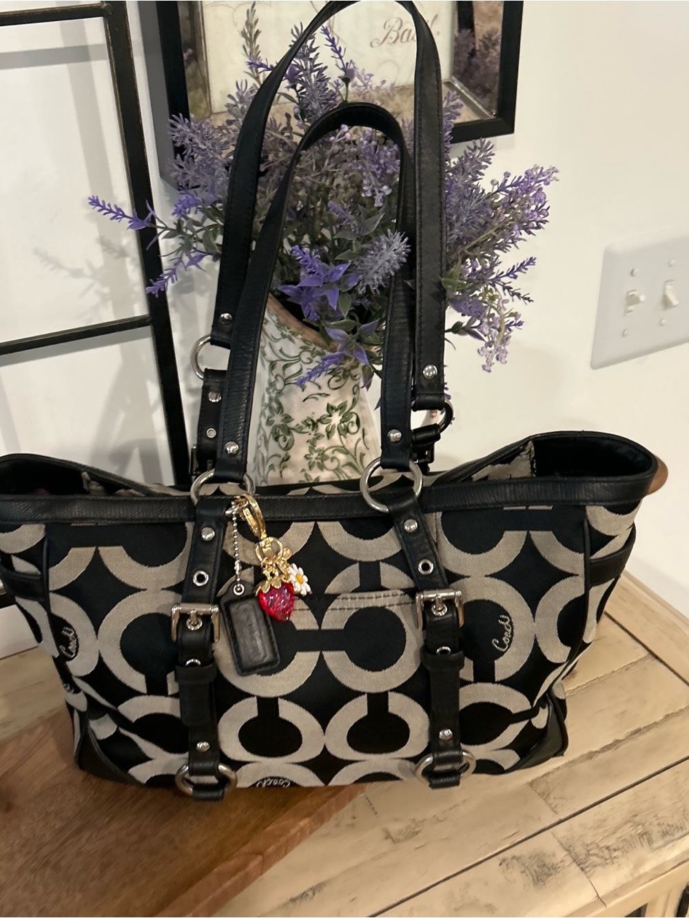 Coach Black and Beige Signature Canvas Tote with Leather Trim
